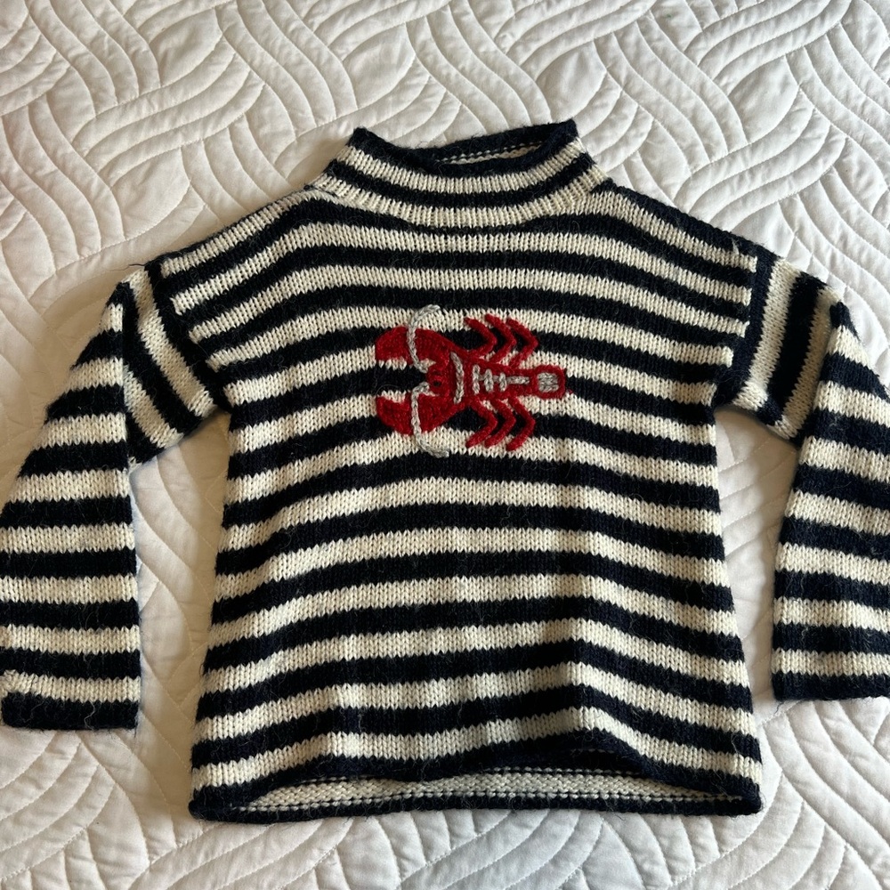 Kids Striped Navy & White Sweater with Red Lobster Design made from Alpaca Wool